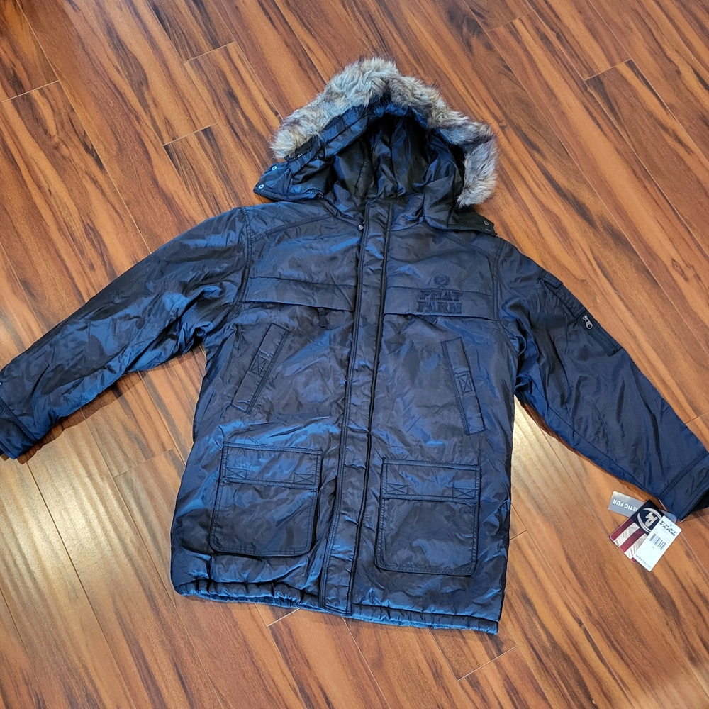 Black Phat Farm Men's Hooded Winter Jacket With A Faux Fur Trim Size XL Y2K NWT.